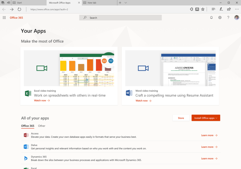Halaman daftar aplikasi Microsoft Office 365