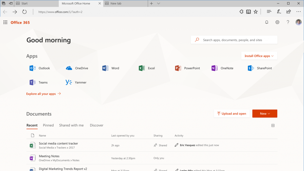 Tampilan dashboard Microsoft Office 365 dengan aplikasi dan dokumen